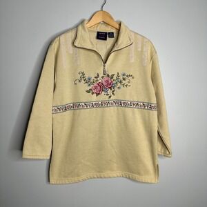 Renee M Sport Pullover Womens Small Yellow Floral Embroidered Quarter Zip 90s